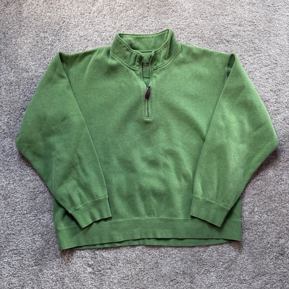 Orvis Mens Quarter Zip Pullover Sweatshirt Green Cotton XL Logo Mock Neck
